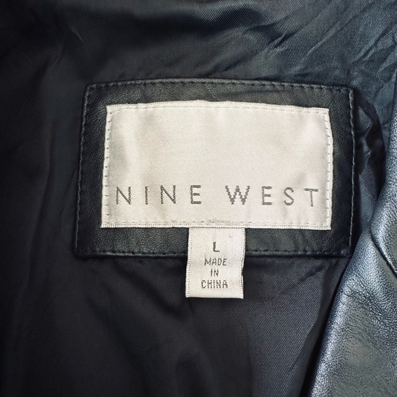 Women Jacket NINE WEST Genuine Leather Coat Black Long Sleeve Button Front Coat - Picture 9 of 10